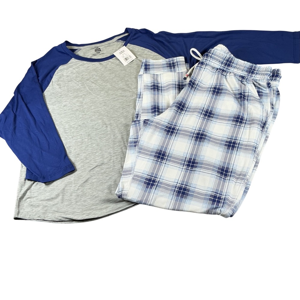 Eddie Bauer Sleep Womens Pajama Set Blue Grey Plaid Raglan Top Pants‎ L NEW